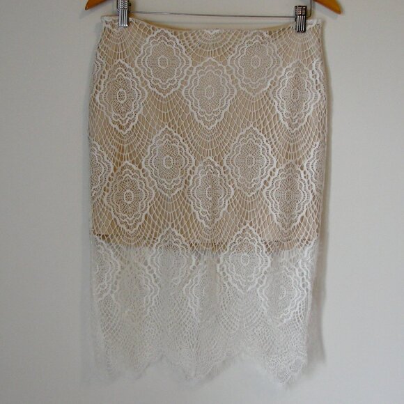 Blu Pepper Beige Ivory Lace Skirt Midi Fringe Boho Wedding Coastal Size Large - Picture 1 of 11